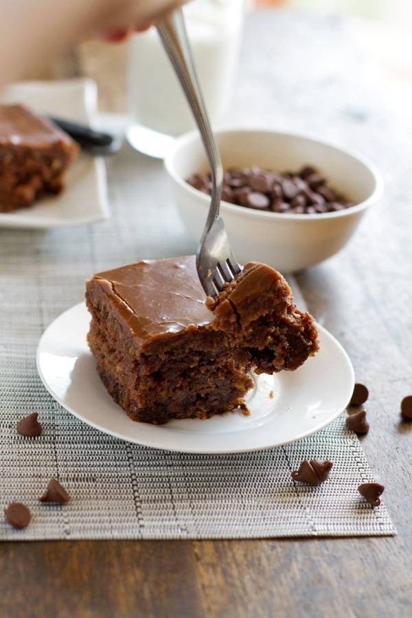 Chocolate oatmeal cake on a fork and on a plate.