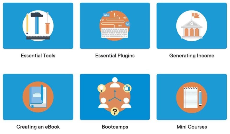 A screenshot of the Essential Tools, Essential Plugins, Generating Income, Creating an Ebook, Bootcamps, and Mini Courses on Food Blogger Pro